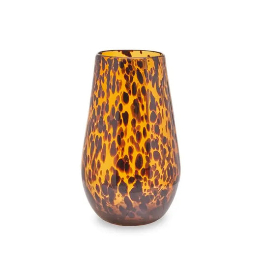 Tortoise shell slim amber glass vase with brown flecks and patterns throughout, available to purchase at Albury House Interiors. 