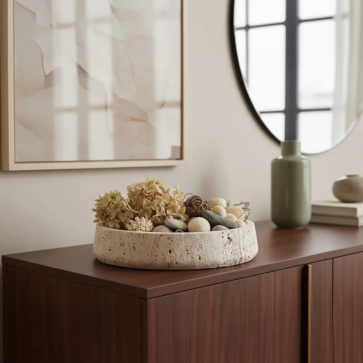 natural-travertine-stone-display-bowl-on-wooden-sideboard-unit-at-albury-house-interiors