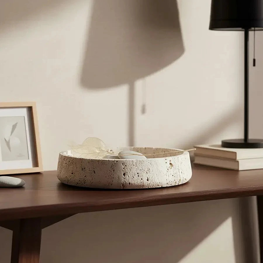 natural-travertine-stone-display-bowl-on-wooden-console-table-at-albury-house-interiors