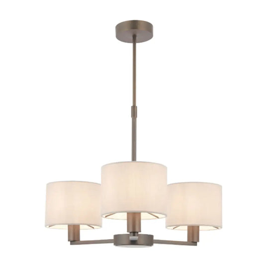 Trevi ceiling pendant with 3 arms finished in antique dark brushed bronze, and 3 faux silk shades. Whole collection available to purchase at Albury House Interiors.