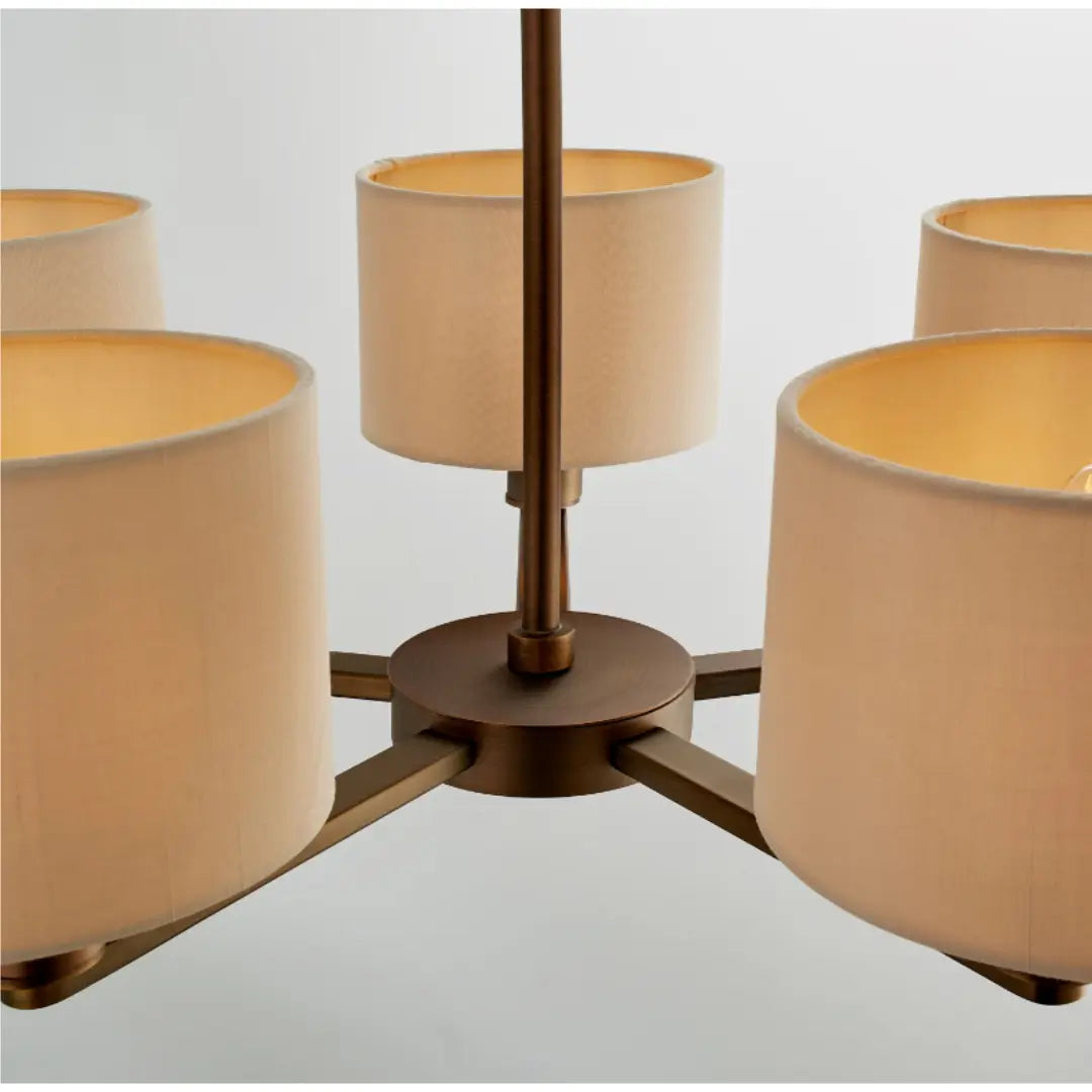 Trevi five arm ceiling pendant finished in antique dark bronze, complete with 5 faux silk shades. Whole collection available to purchase from Albury House Interiors. 
