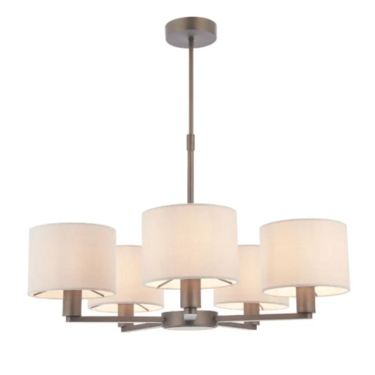 Trevi five arm ceiling pendant finished in antique dark bronze, complete with 5 faux silk shades. Whole collection available to purchase from Albury House Interiors. 