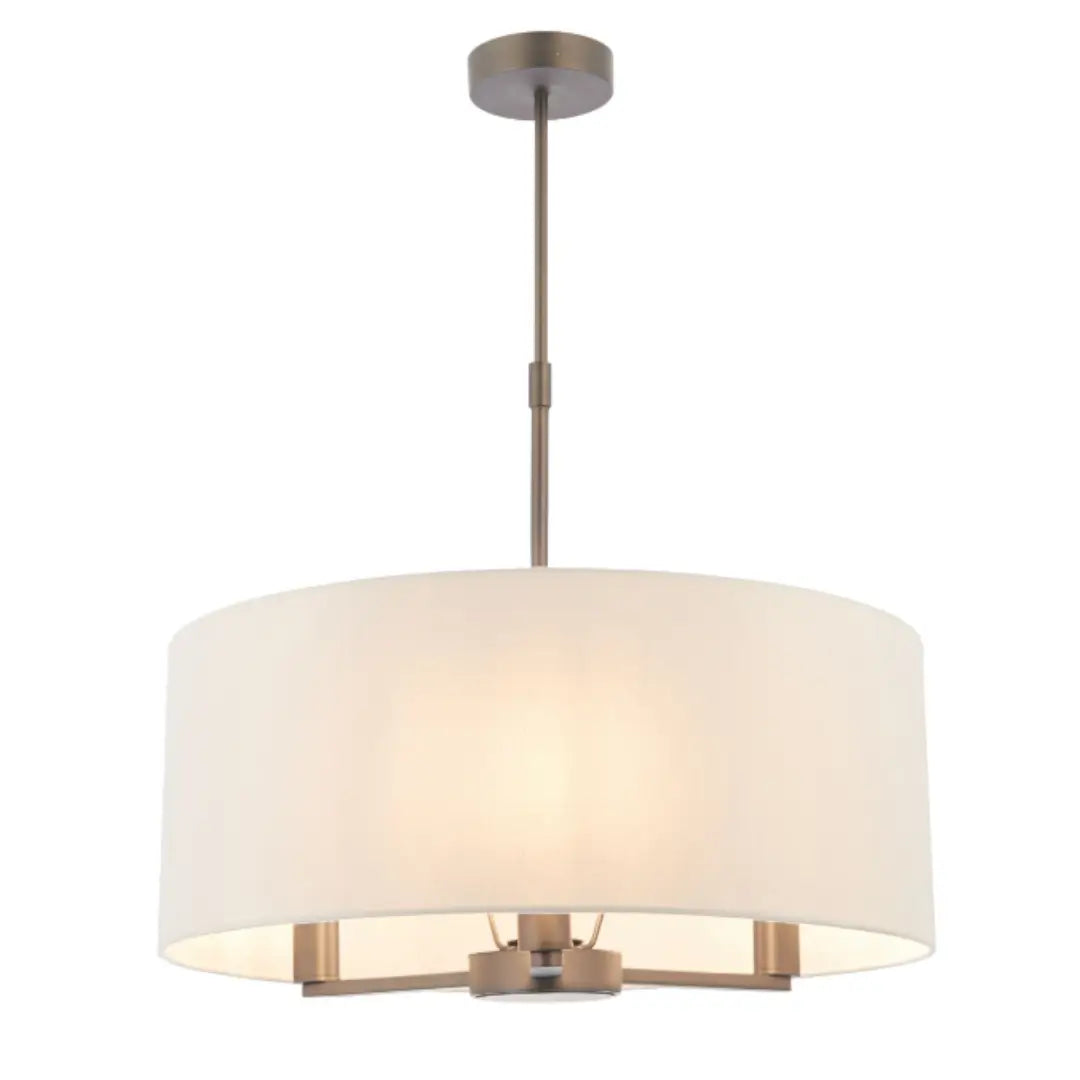 Trevi antique brushed bronze finish ceiling light, with 3 arms and bulbs. Complete with faux silk shade. Whole collection available to purchase at Albury House Interiors.