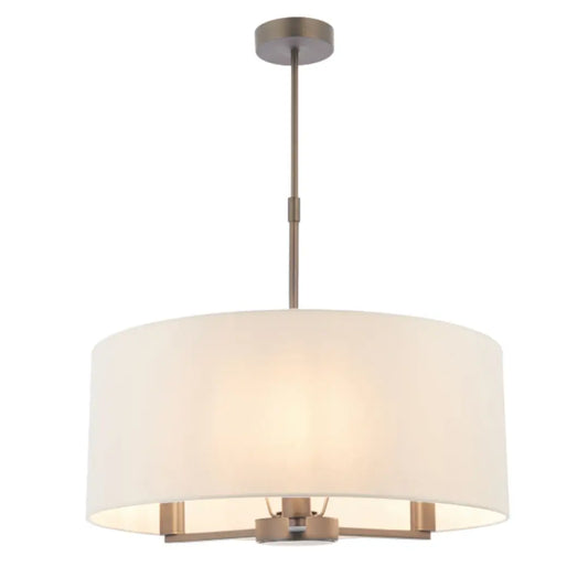 Trevi antique brushed bronze finish ceiling light, with 3 arms and bulbs. Complete with faux silk shade. Whole collection available to purchase at Albury House Interiors.