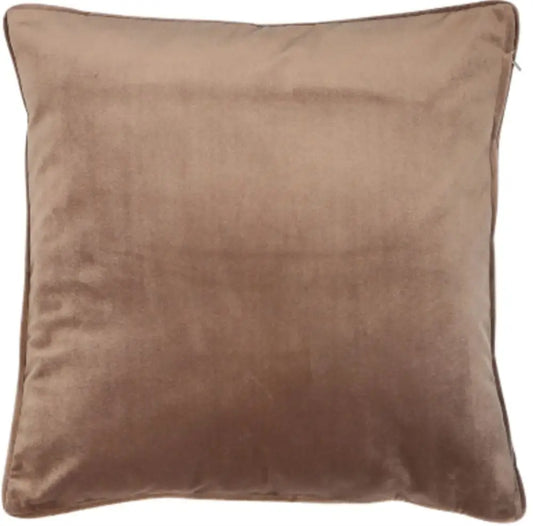 Truffle brown soft velvet square cushion with matching piped edges and feather filled insert at Albury House Interiors homewares in Essex, Hertfordshire and London