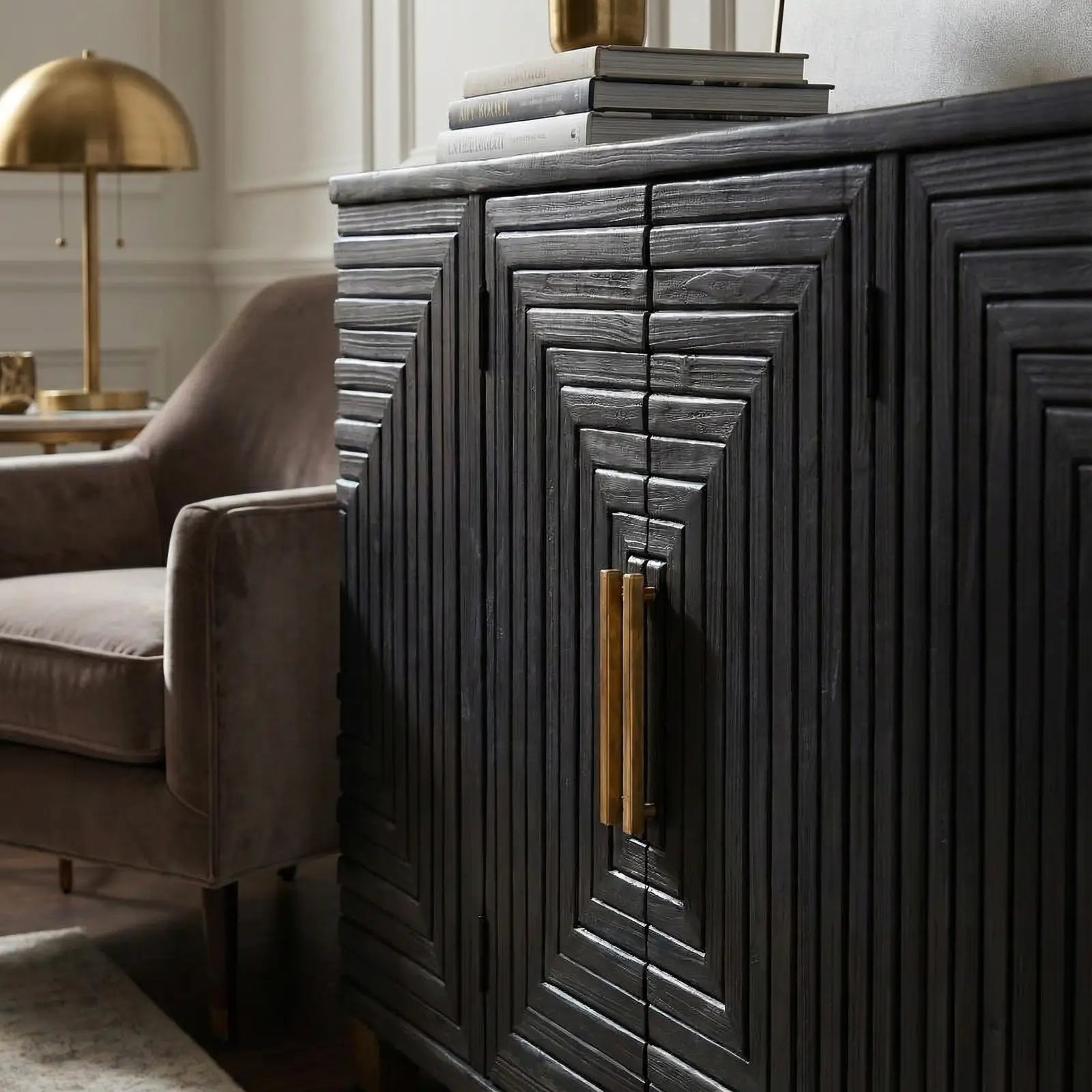 Viola large black wooden sideboard with square vortex design across the front with gold handles and matching gold feet. Clever storage with internal shelves. Available to purchase from Albury House Interiors, luxury homewares and furniture in the UK. 