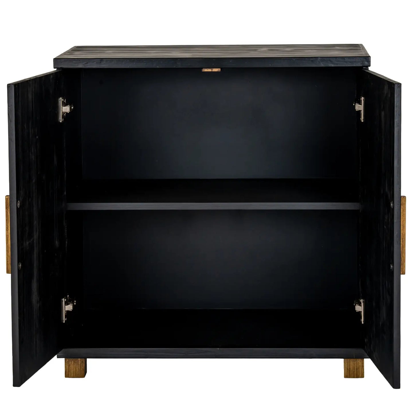 Viola wooden sideboard cabinet with 2 doors and internal shelf, finished in black with gold handles and matching feet. Available to purchase from Albury House Interiors, luxury homewares and furniture.