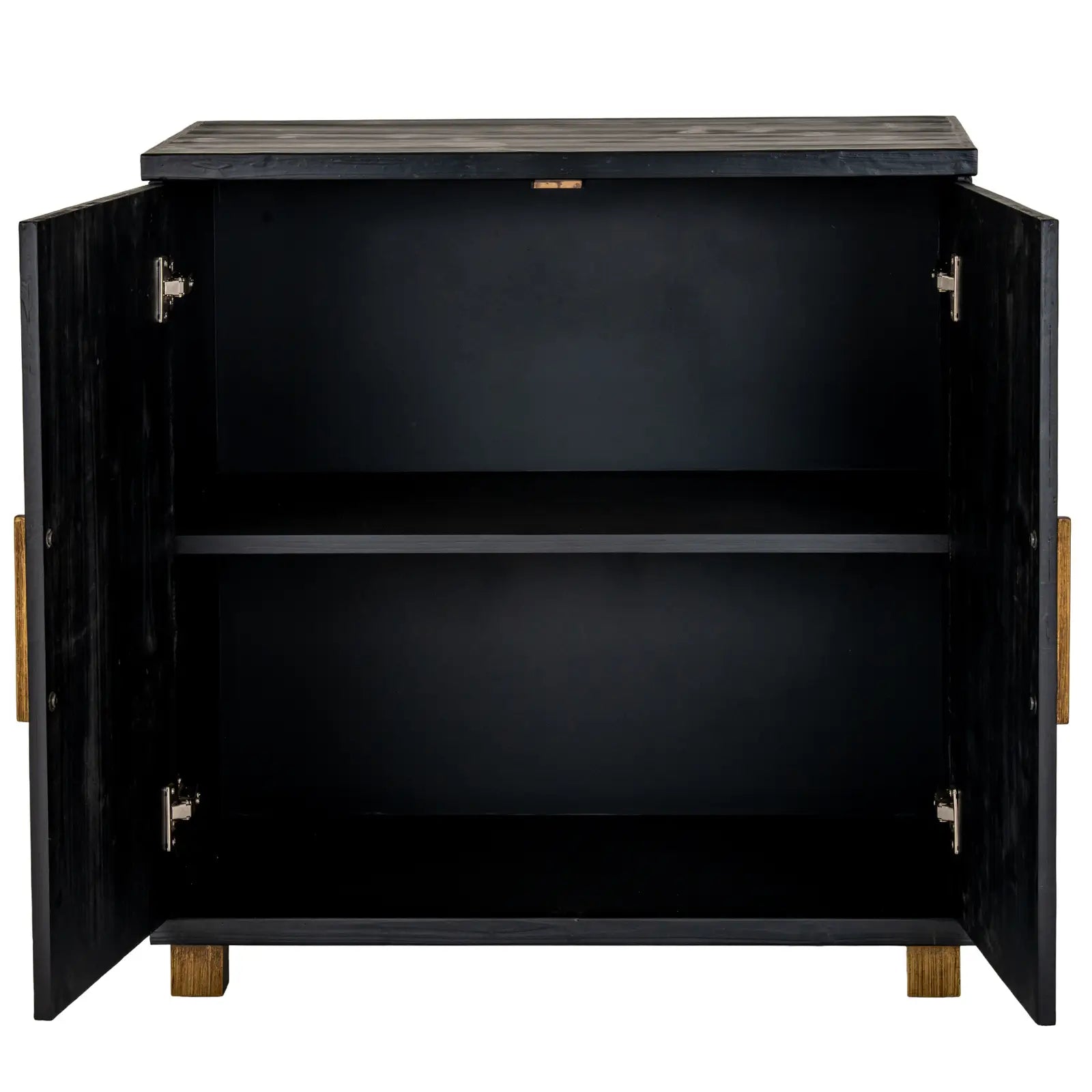 Viola wooden sideboard cabinet with 2 doors and internal shelf, finished in black with gold handles and matching feet. Available to purchase from Albury House Interiors, luxury homewares and furniture.