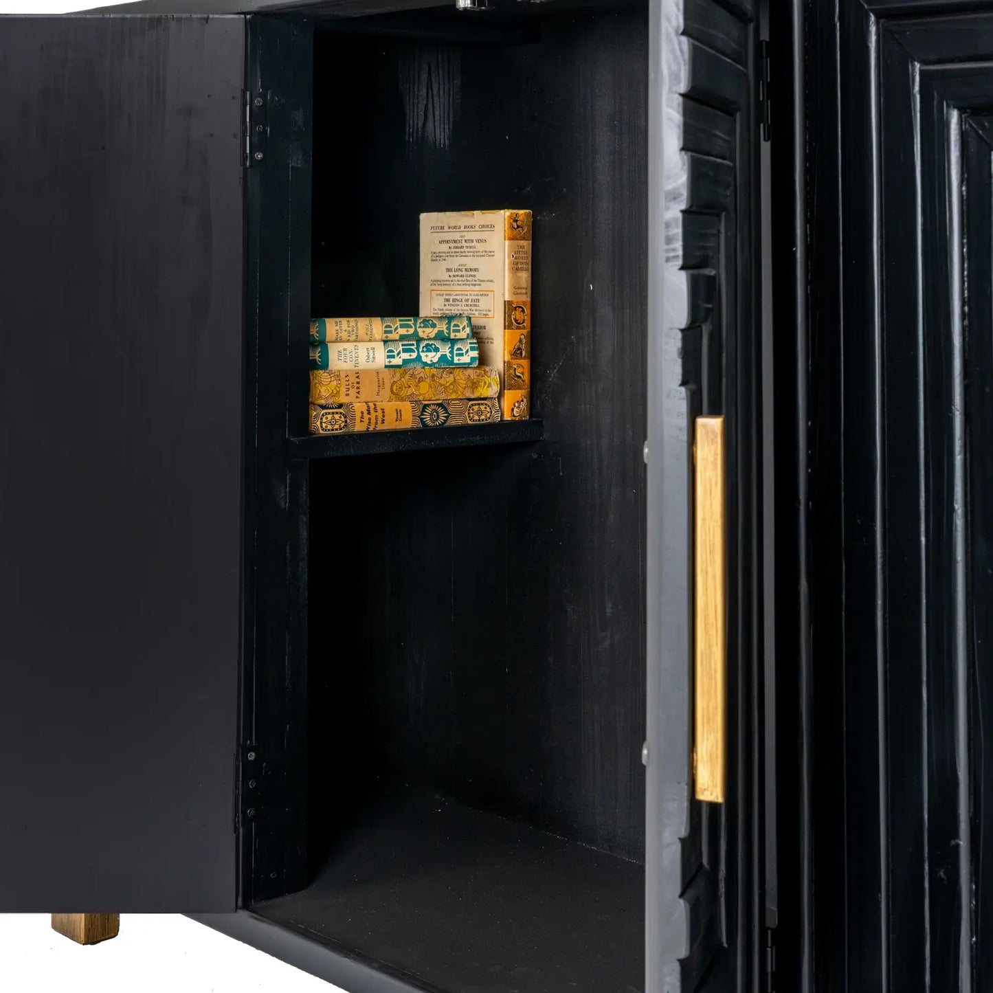Viola large black wooden sideboard with square vortex design across the front with gold handles and matching gold feet. Clever storage with internal shelves. Available to purchase from Albury House Interiors, luxury homewares and furniture in the UK. 