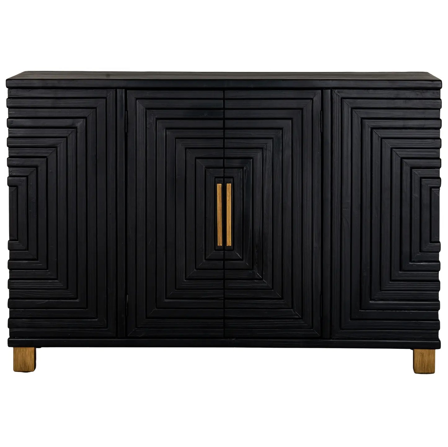 Viola large black wooden sideboard with square vortex design across the front with gold handles and matching gold feet. Clever storage with internal shelves. Available to purchase from Albury House Interiors, luxury homewares and furniture in the UK. 