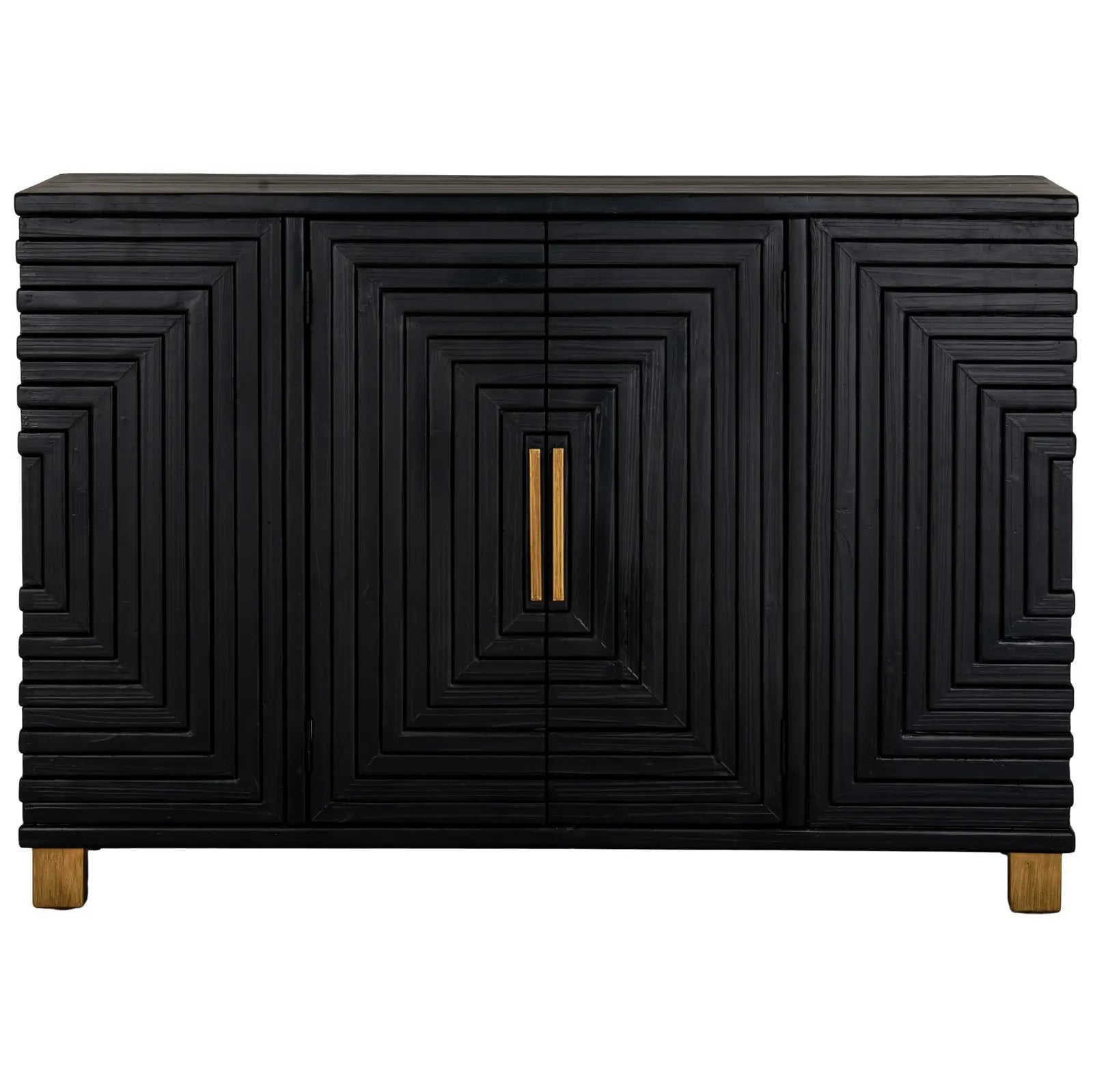 Viola large black wooden sideboard with square vortex design across the front with gold handles and matching gold feet. Clever storage with internal shelves. Available to purchase from Albury House Interiors, luxury homewares and furniture in the UK. 