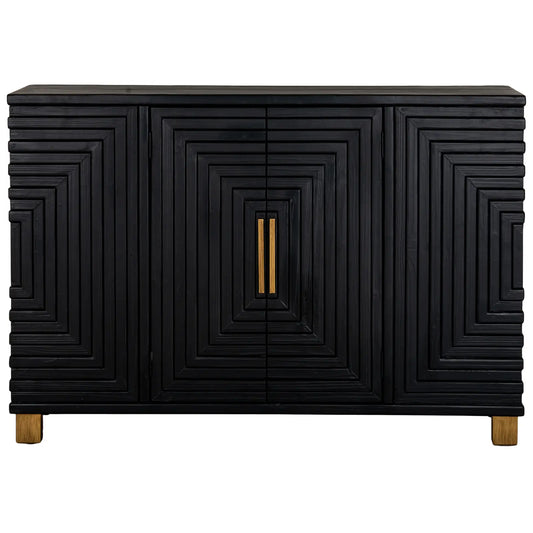 Viola large black wooden sideboard with square vortex design across the front with gold handles and matching gold feet. Clever storage with internal shelves. Available to purchase from Albury House Interiors, luxury homewares and furniture in the UK. 