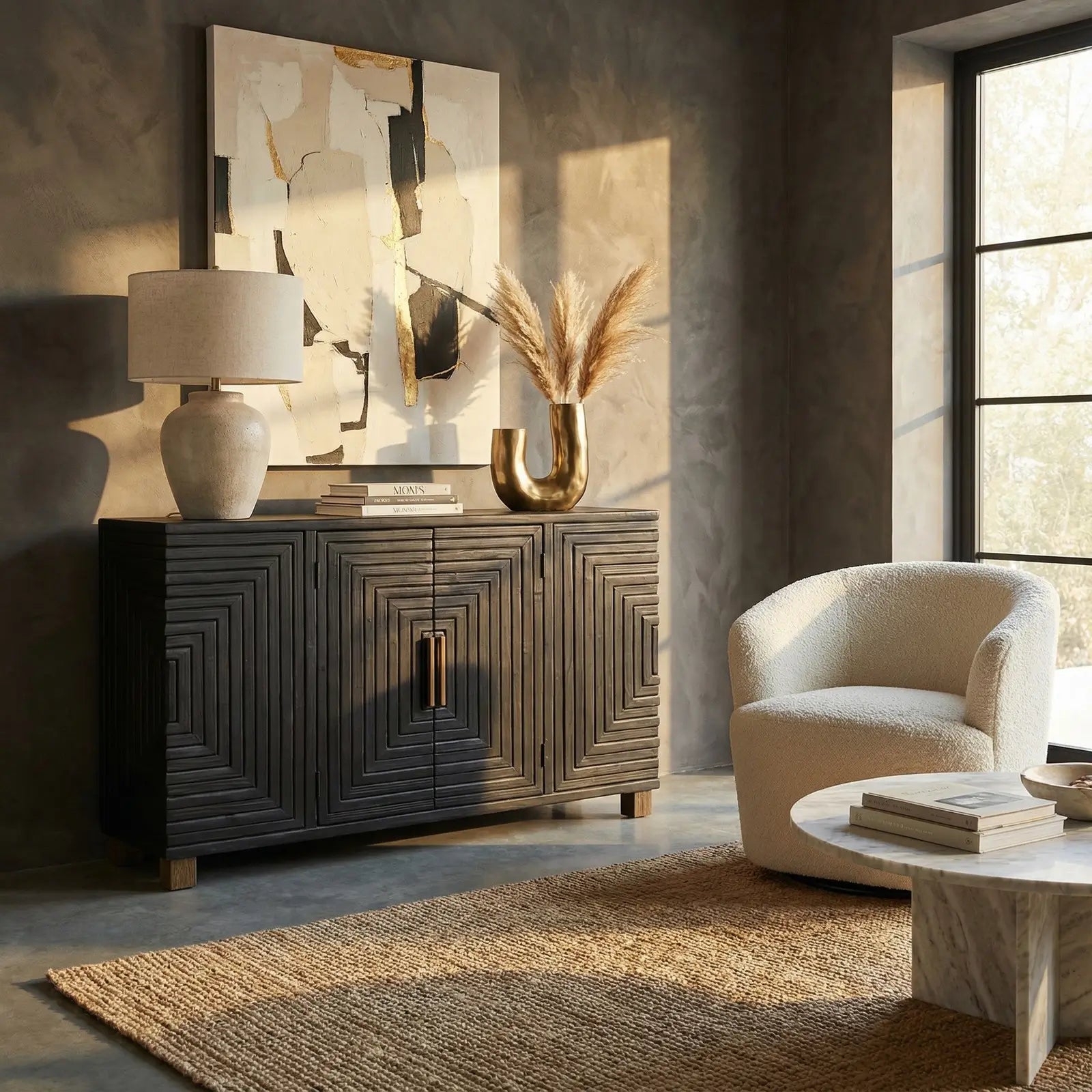 Viola large black wooden sideboard with square vortex design across the front with gold handles and matching gold feet. Clever storage with internal shelves. Available to purchase from Albury House Interiors, luxury homewares and furniture in the UK. 