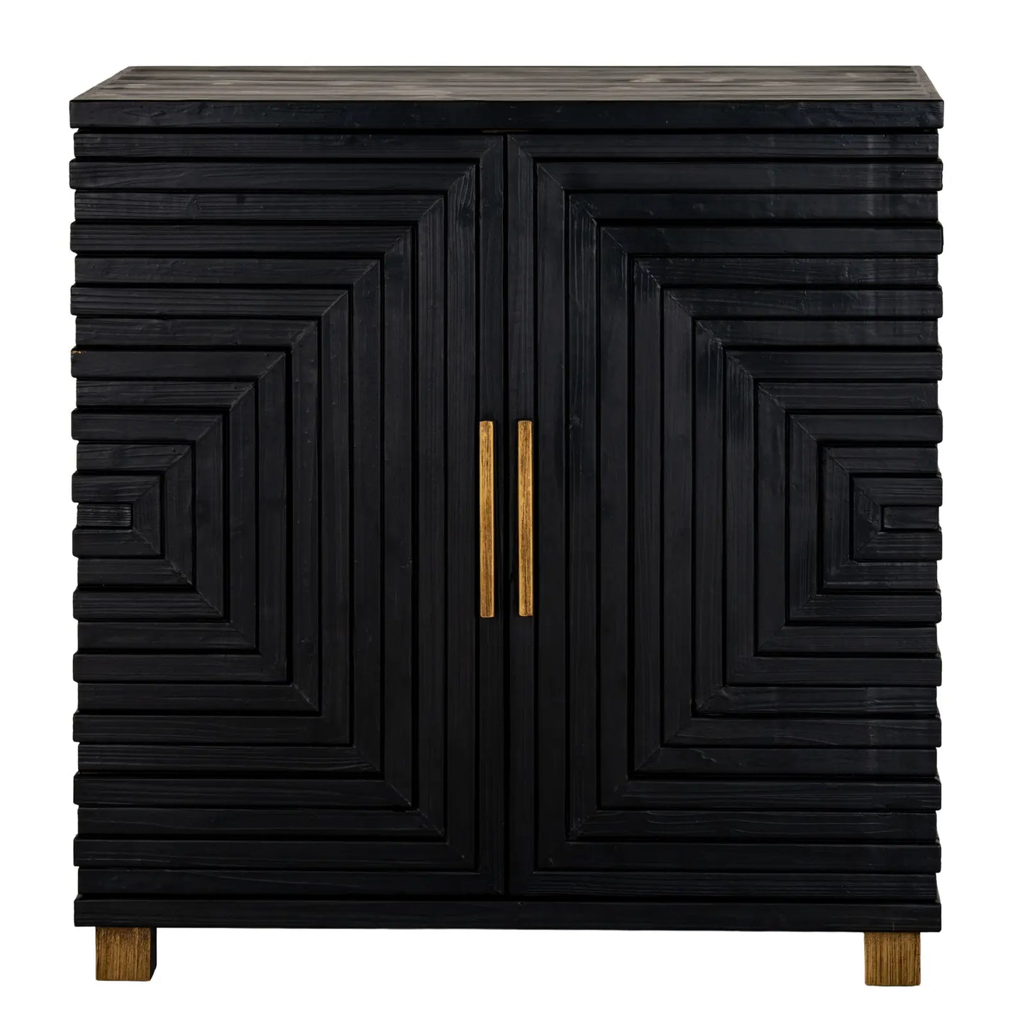 Viola wooden sideboard cabinet with 2 doors and internal shelf, finished in black with gold handles and matching feet. Available to purchase from Albury House Interiors, luxury homewares and furniture.