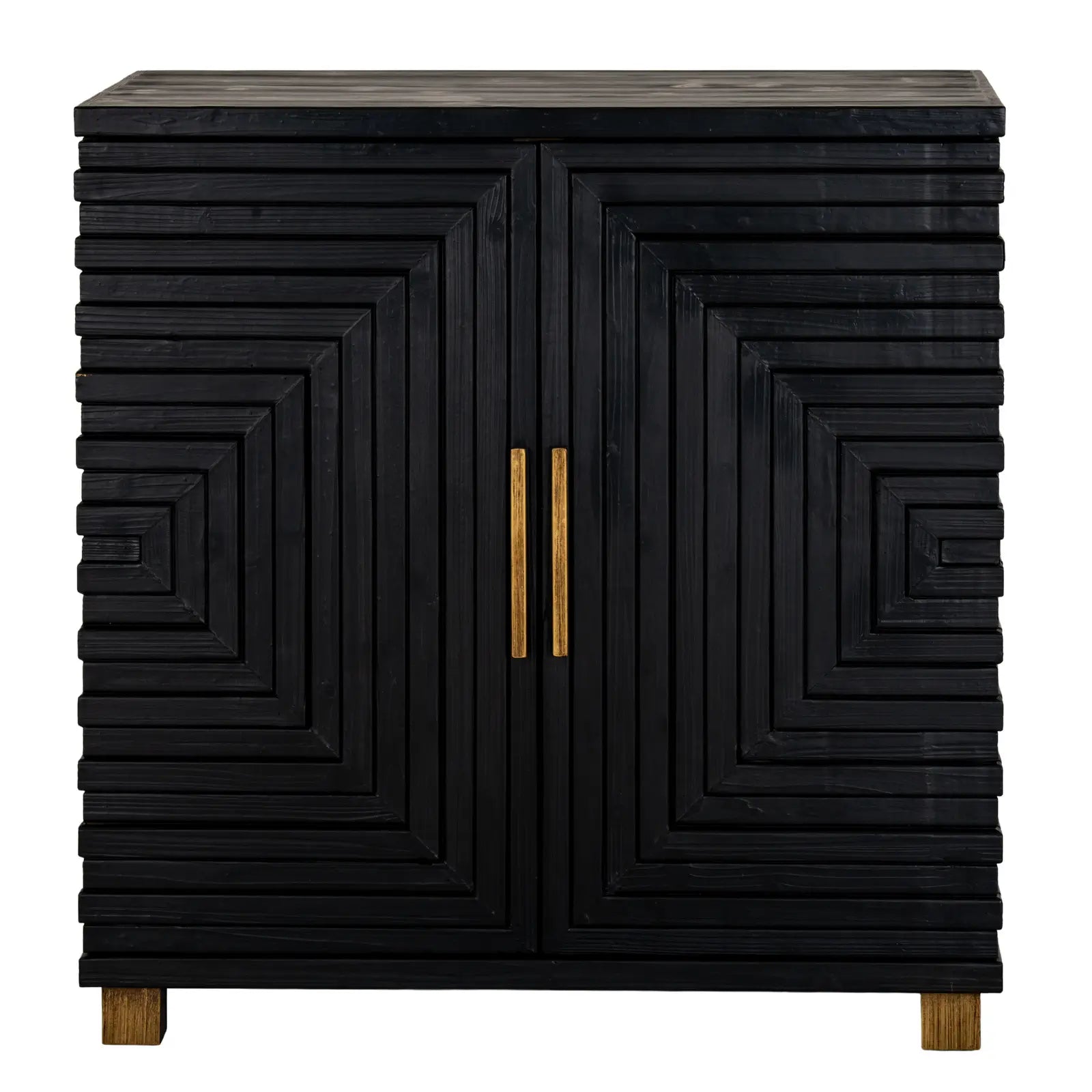 Viola wooden sideboard cabinet with 2 doors and internal shelf, finished in black with gold handles and matching feet. Available to purchase from Albury House Interiors, luxury homewares and furniture.