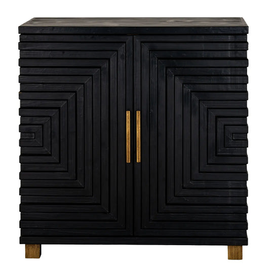 Viola wooden sideboard cabinet with 2 doors and internal shelf, finished in black with gold handles and matching feet. Available to purchase from Albury House Interiors, luxury homewares and furniture.