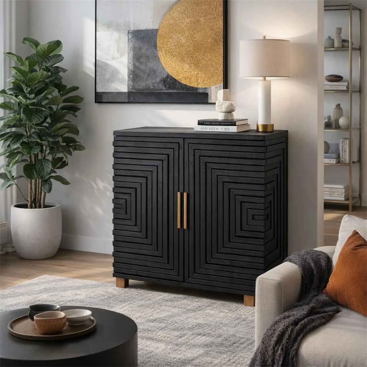 Viola wooden sideboard cabinet with 2 doors and internal shelf, finished in black with gold handles and matching feet. Available to purchase from Albury House Interiors, luxury homewares and furniture.