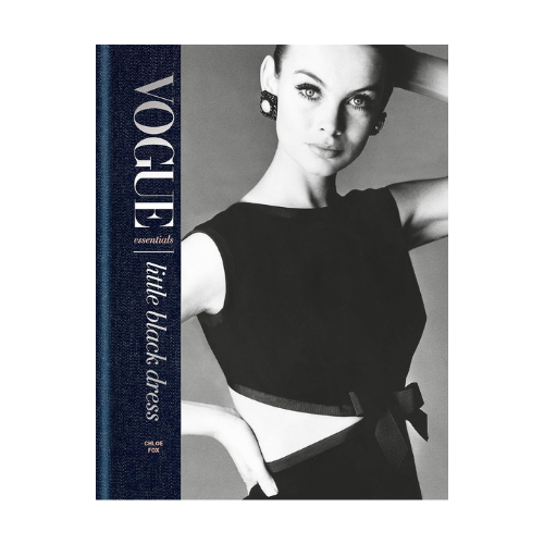vogue-essentials-little-black-dress-hardback-coffee-table-book-in-navy-with-a-black-and-white-photo-on-the-front-of-a-model-wearing-a-little-black-dress-at-albury-house-interiors