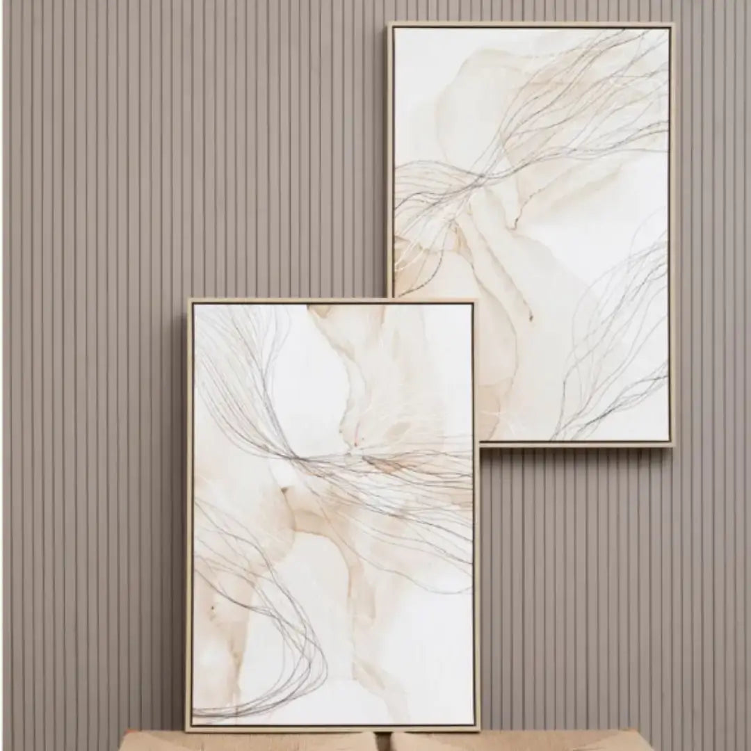 Set of two abstract natural coloured wall art pieces with beige and brown tones on a white background, finished with veneered wooden effect frames. Available to purchase from Albury House Interiors.