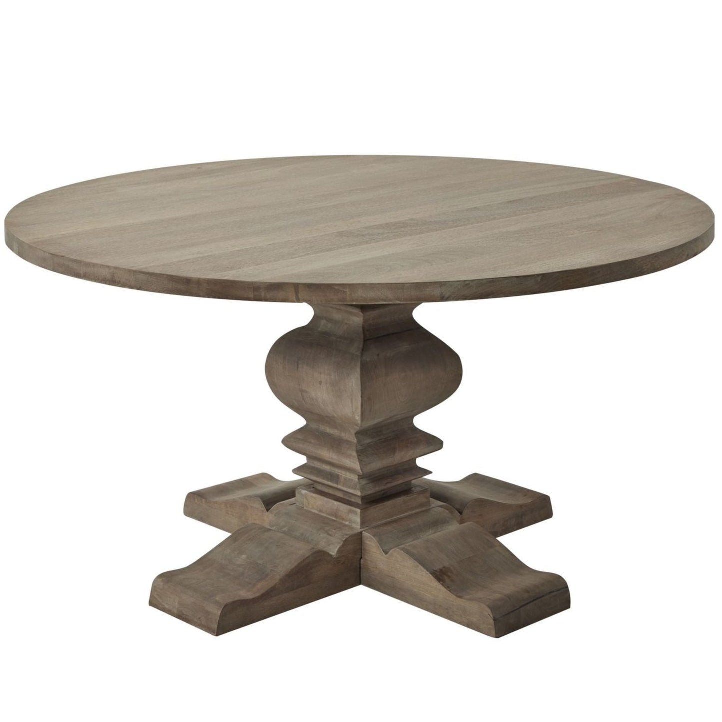 Wardour round solid wood dining table with intricate detailed base. Available to purchase at Albury House Interiors.