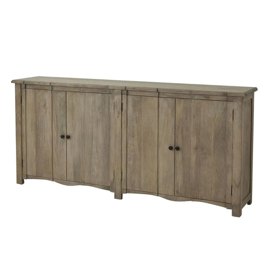 Solid wood 4 door sideboard with internal shelf and black iron handles. Beautiful in all interiors and colour schemes, available to purchase from Albury House Interiors, homewares and furniture in the UK. 