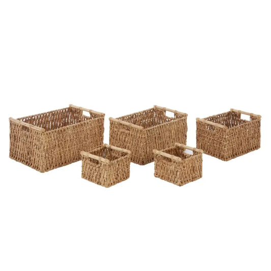 Set of 5 storage baskets crafted from natural water hyacinth, with wooden handles to match the colour scheme, in varying sizes. Available to purchase from Albury House Interiors, Essex. 