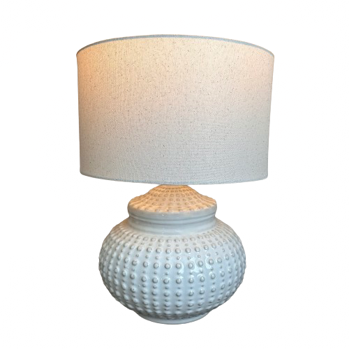 white-ceramic-squat-lamp-with-dimple-texture-and-linen-round-shade-at-albury-house-interiors