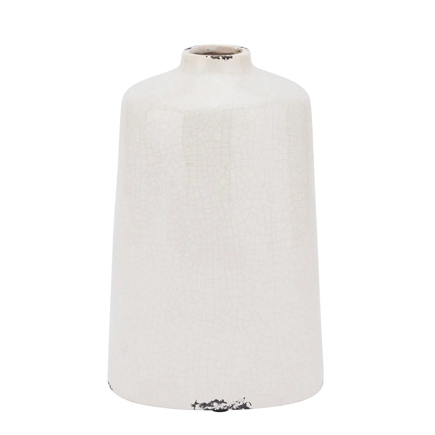 White ceramic bottle shaped vase with all over crackle detail and distressed look, available to purchase from Albury House Interiors. 