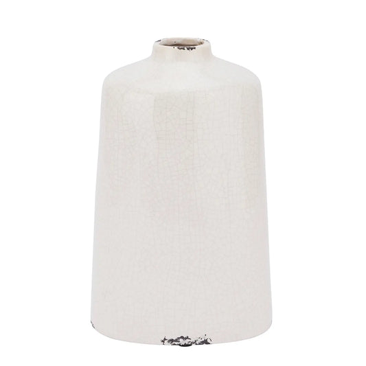 White ceramic bottle shaped vase with all over crackle detail and distressed look, available to purchase from Albury House Interiors. 