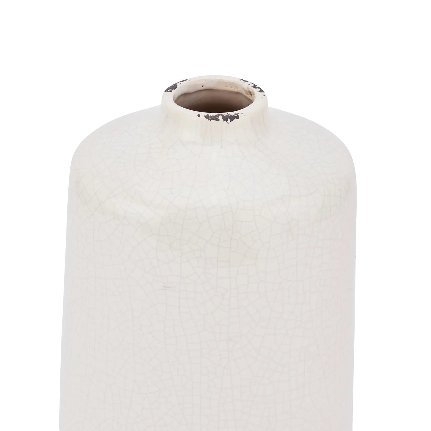 White ceramic bottle shaped vase with all over crackle detail and distressed look, available to purchase from Albury House Interiors. 