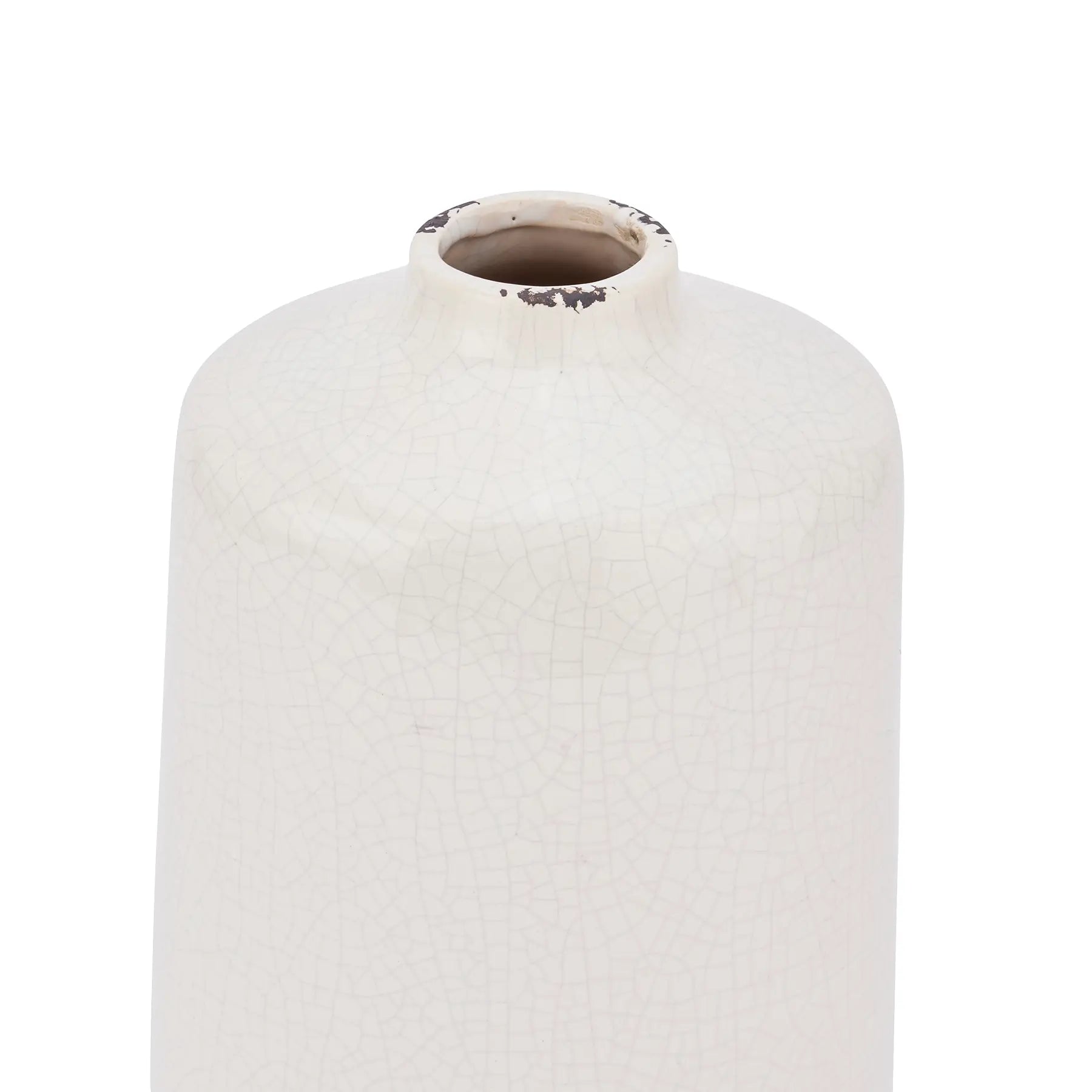 White ceramic bottle shaped vase with all over crackle detail and distressed look, available to purchase from Albury House Interiors. 