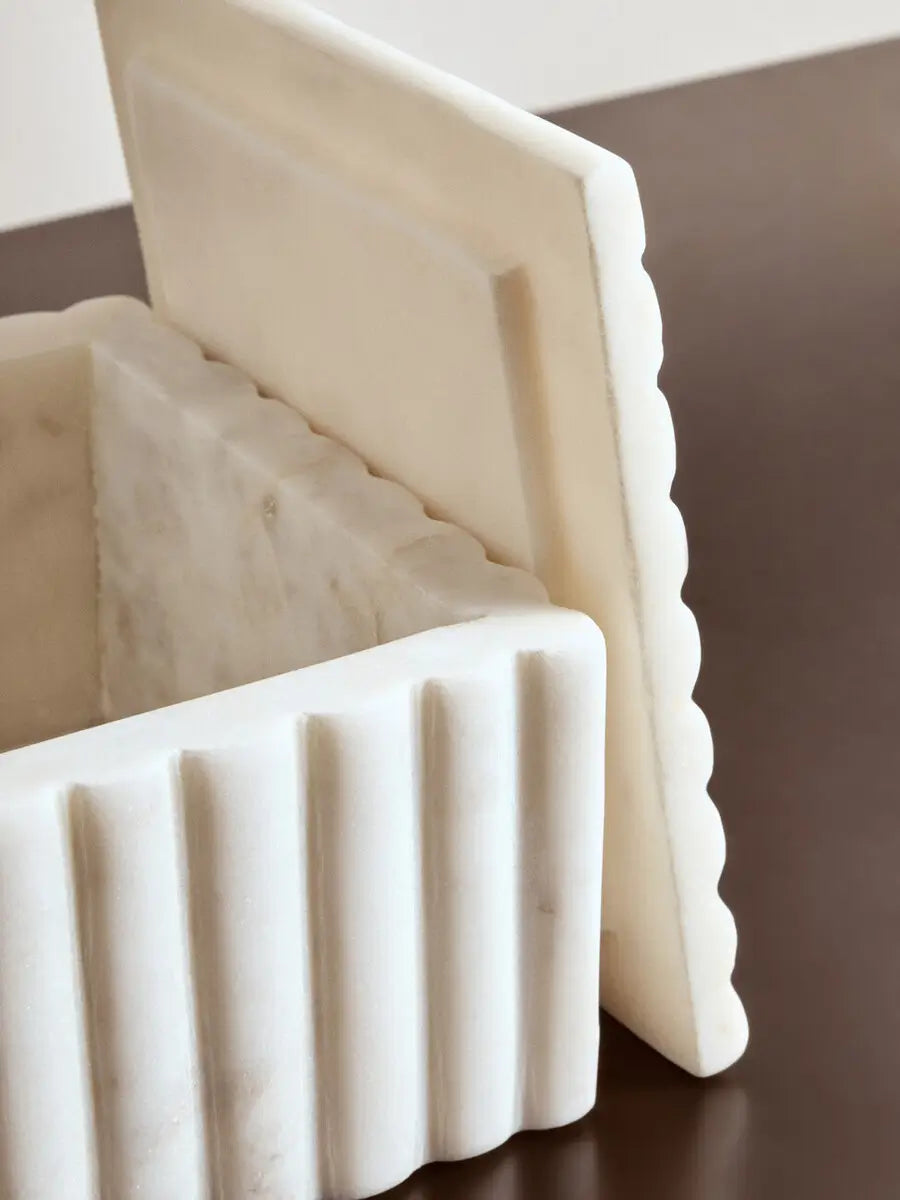 Natural white marble square trinket box with fluted detail all over, complete with matching lid. Available to purchase from Albury House Interiors.