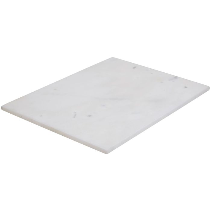 White natural marble chopping board in rectangular shape, with protective feet to stop surface scratches. Available to purchase at Albury House Interiors. 