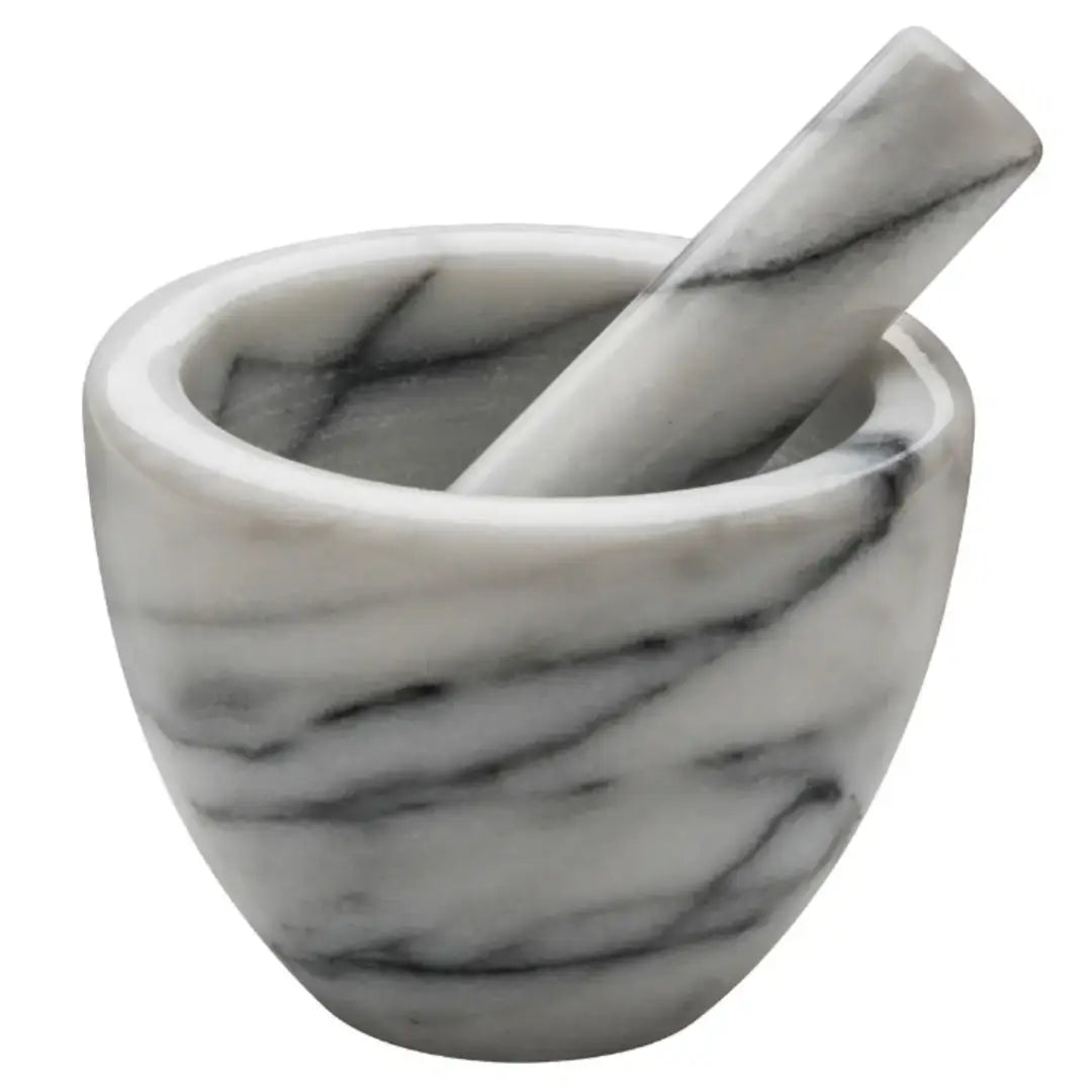 White and black natural veined marble mortar and pestle. Both stylish and functional for use in all kitchens. Available to purchase from Albury House Interiors. 