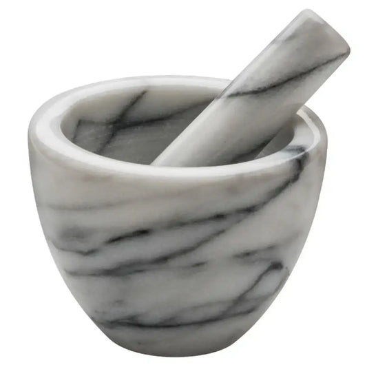 White and black natural veined marble mortar and pestle. Both stylish and functional for use in all kitchens. Available to purchase from Albury House Interiors. 