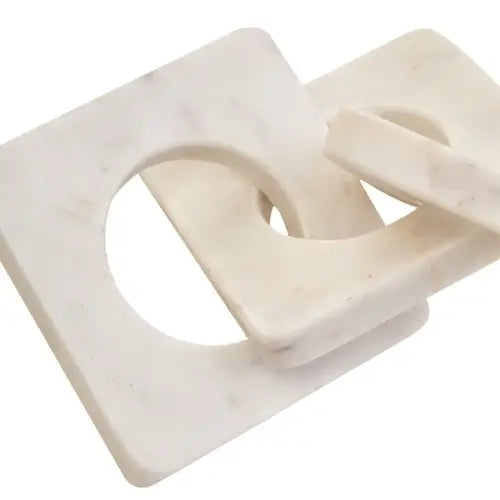 White natural marble square link chain sculpture, perfect for displaying on top of designer or informative coffee table books, on coffee table, console tables, or shelves. Available at Albury House Interiors. 