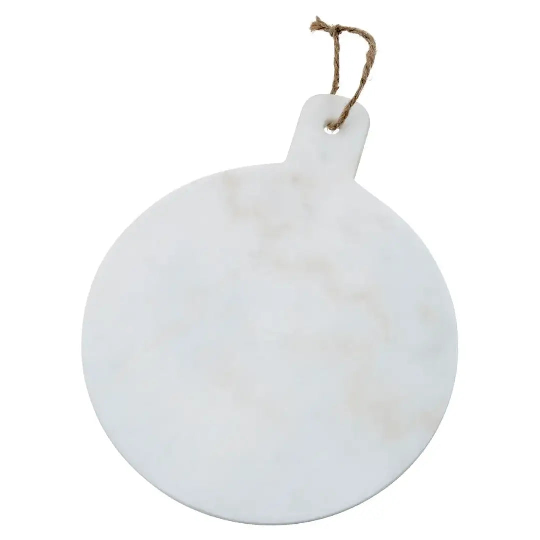 White natural marble round chopping and serving board, both functional and stylish. Comes complete with a string to hang and display. Available to purchase from Albury House Interiors. 