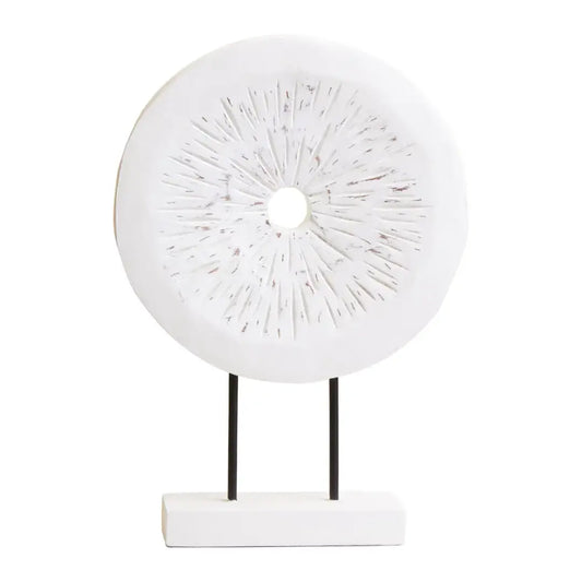 whitewash-wooden-carved-disc-sculpture-on-black-stand-at-albury-house-interiors 